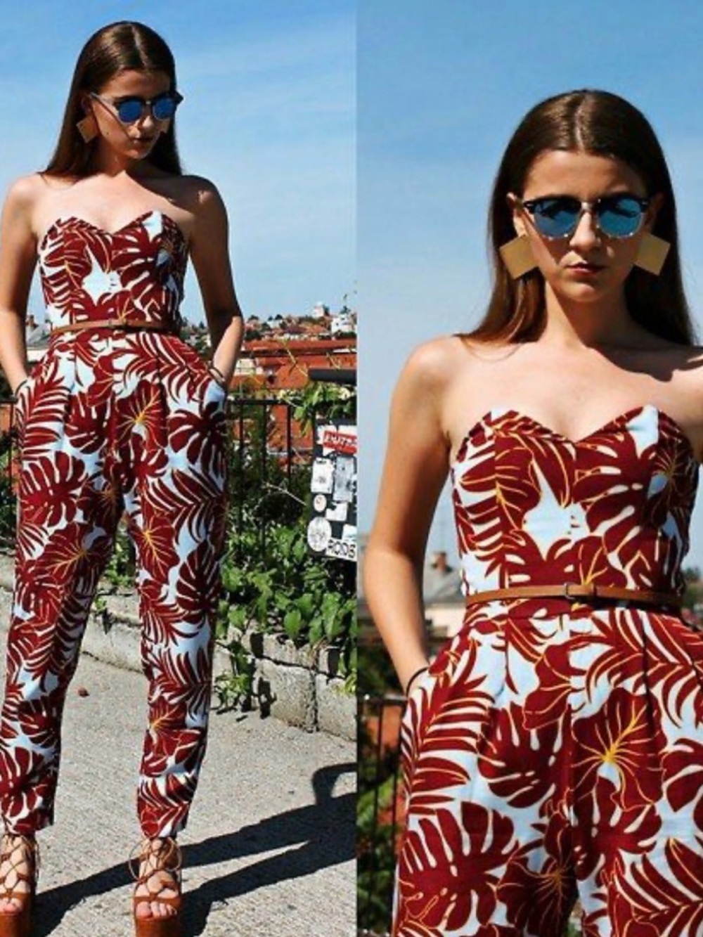 H&M Strapless Tropical Print Jumpsuit in Burgundy, Light Blue and Yellow